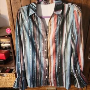 Women's Multi-Stripe Button-Front Blouse - Blue, Pink & Brown